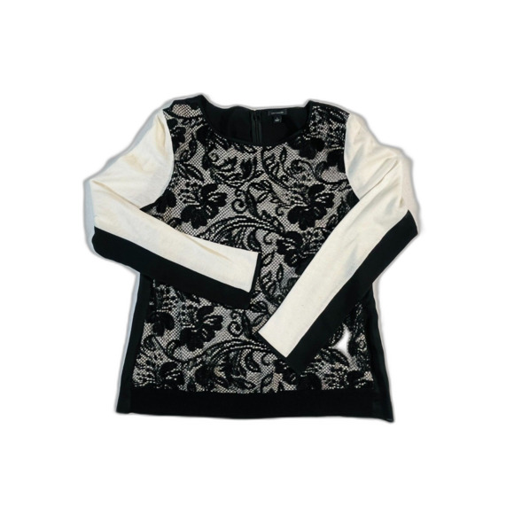 Ann Taylor Black Ivory Lace Overlay Long Sleeve Top Wool Blend Large Tunic CHIC - Picture 1 of 9